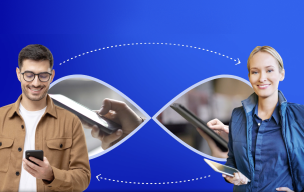 Happy customers engaging with phones and tablets