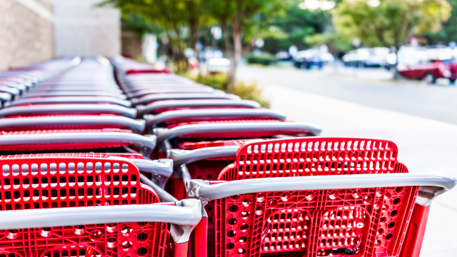Shopping carts lined up at the supermarket door