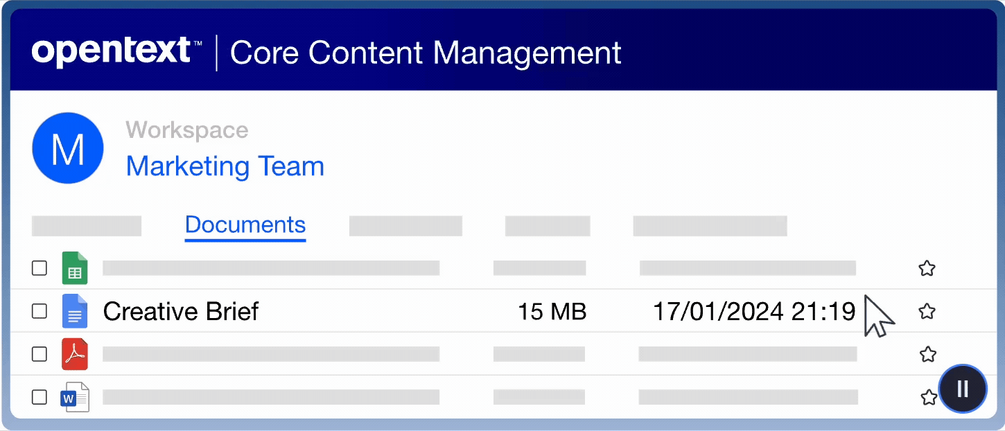 OpenText Core Content Management introduction dashboard view