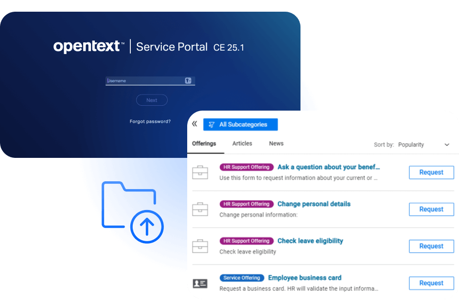 OpenText Service Management log in screen, and requests menu