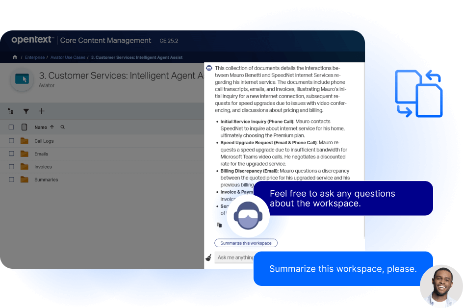 OpenText Core Content Management showing the AI chat function