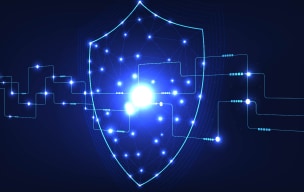 Blue cybersecurity shield made of connected lights